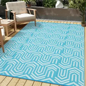 Reversible Outdoor Plastic Area Rug - Waterproof Modern Geometric Low Pile Patio Mat - Easy Clean Portable Carpet for Camping, RV, Deck, Balcony, Backyard - Light Blue/White, 8x10ft
