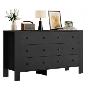Gravee Large 6 Drawer Dresser with Deep Drawers & Metal Knobs, Dresser for Bedroom Modern Wooden Double Chests of Drawers for Kids Bedroom, Entryway, Hallway, Black