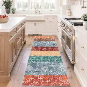 Boho Red Multi 2x6 Washable Runner Rug Non-Slip Tribal Rug Stain Resistant Kitchen Runner Rugs Non-Skid Washable Hallway Runner Geometric Print Distressed Rug for Entryway Bathroom
