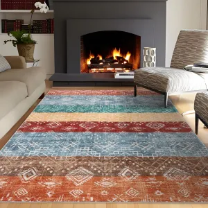 Boho Red Multi 10x13 Washable Area Rugs, Large Non-Slip Soft Low Pile Polyester Stain-Resistant Durable Edge Modern Geometric for Bedroom Dining Farmhouse