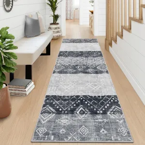 Boho Grey 2x6 Washable Runner Rug Non-Slip Tribal Throw Rug Stain Resistant Kitchen Runner Rugs Non-Skid Washable Hallway Runner, Geometric Print Distressed Rug for Entryway Bathroom