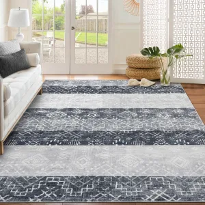Boho Grey 5x7 Area Rug – Washable Neutral Geometric Tribal Rug, Soft Modern Low-Pile Non-Slip Carpet for Living Room, Bedroom, Nursery, Dining Room, Home, or Office