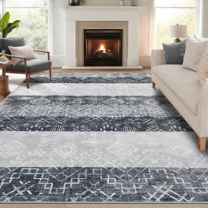 Boho Grey 9x12 Area Rug Geometric Washable Carpet with Non-Slip Backing, Foldable Neutral Grey Rug for Living Room, Bedroom, Dining Room, Farmhouse