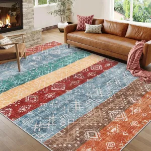 Boho Red Multi 5x7 Washable Area Rug Vintage Tribal Throw Rug with Non-Slip Backing, Foldable Geometric Print Floor Cover, Non-Shedding Traditional Low Pile Accent Rug for Living Room, Bedroom