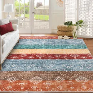 Boho Red Multi 9x12 Washable Area Rug Living Room Rug Geometric Rug Tribal Area Rugs for Bedroom Aesthetic Under Bed Low Pile Soft Modern Rug for Dining Room Rug Non Slip Floor Carpet for Farmhouse