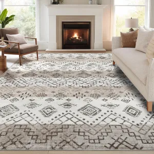 Boho Beige 9x12 Area Rug Living Room Rugs Washable Rug Farmhouse Neutral Large Rug Modern Geometric Rug Non-Shedding Soft Non Slip Floor Carpet for Bedroom Under Dining Table Home Office