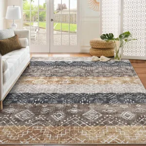 Boho Brown 5x7 Rug Living Room Rugs Washable Rug Bedroom Rug Throw Rug Soft Tribal Rug Neutral Geometric Rug Modern Rug for Nursery Dining Room Home Office Non Slip Low Pile Farmhouse Carpet