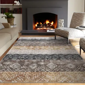 Boho Brown 10x13 Washable Area Rugs Soft Low-Pile Non-Slip Polyester Durable Easy-Clean Brown for Living Room Bedroom Dining