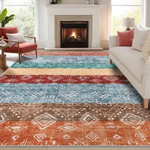 Boho Red Multi 8x10 Living Room Rug Washable Rug Premium Large Living Room Rug Modern Geometric Rugs Colorful Soft Non Slip Rug Non Shedding Low Pile Printed Floor Carpet for Dining Table Bedroom
