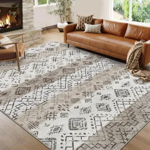 Boho Beige 10x13 Washable Area Rugs Large Soft Low Pile Non-Slip Backing Polyester Modern Geometric Stain-Resistant Bohemian Accent for Bedroom Dining Farmhouse