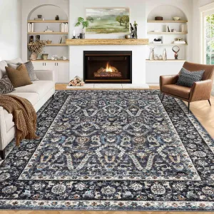 Area Rug 6x9 Washable Rug Blue, Persian Vintage Rugs, Ultra-Thin Foldable Vintage Rugs for Bedroom, Dining Room, Home Office, Pet & Child Friendly, Low Pile, Non-Shedding
