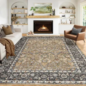 Persian Camel 9x12 Area Rugs, Persian Vintage Washable Foldable Low Pile Non-Shedding TPR Backing Pet & Child Friendly Bedroom Dining Room