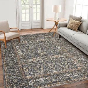 Area Rug 9x12 Washable Rug Dark Grey, Persian Vintage Rugs, Ultra-Thin Foldable Vintage Rugs for Bedroom, Dining Room, Home Office, Pet & Child Friendly, Low Pile, Non-Shedding