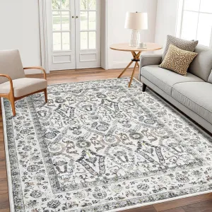 Area Rug 8x10 Washable Rug Light Grey, Persian Vintage Rugs, Ultra-Thin Foldable Vintage Rugs for Bedroom, Dining Room, Home Office, Pet & Child Friendly, Low Pile, Non-Shedding