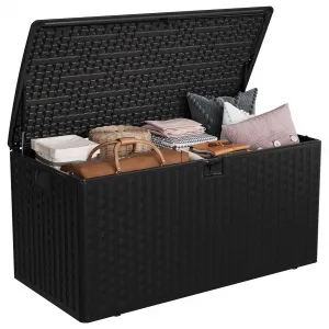 100 gal Outdoor Storage Box, Lockable Plastic Deck Box with Lid, Waterproof & UV-Resistant Storage Bin for Patio Cushions, Garden Tools & Pool Accessories, Black