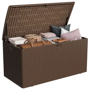 100 gal Outdoor Storage Box, Lockable Plastic Deck Box with Lid, Waterproof & UV-Resistant Storage Bin for Patio Cushions, Garden Tools & Pool Accessories, Brown