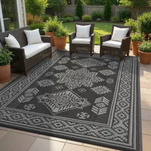 Outdoor Rug 9x12 Waterproof Reversible Plastic Straw Patio Rug Large Vintage Outdoor RV Mat Foldable Indoor Outdoor Rugs for Picnic, Backyard, Rv, Beach, Deck, Camper, Balcony, Black