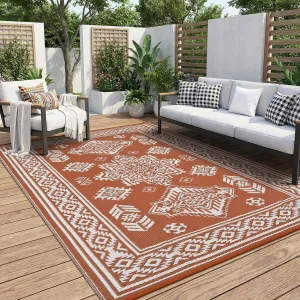 Outdoor Rug 9x12 Waterproof Reversible Plastic Straw Patio Rug Large Vintage Outdoor RV Mat Foldable Indoor Outdoor Rugs for Picnic, Backyard, Rv, Beach, Deck, Camper, Balcony, Terracotta