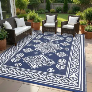 Waterproof Outdoor Rug 8x10 Reversible Plastic Straw Patio Rug Stain-Resistant Vintage Medallion Carpet Foldable Indoor Outdoor Rugs for Picnic, Backyard, Rv, Beach, Deck, Camper, Balcony, Navy