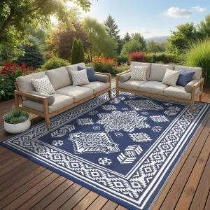 Outdoor Rug 9x12 Waterproof Reversible Plastic Straw Patio Rug Large Vintage Outdoor RV Mat Foldable Indoor Outdoor Rugs for Picnic, Backyard, Rv, Beach, Deck, Camper, Balcony, Navy