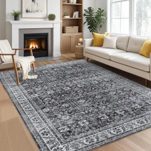 9x12 Washable Living Room Rug, Vintage Floral Large Area Rugs for Living Room Non-Slip Soft Bedroom Rug Classic Traditional Farmhouse Carpet for Dining Room Office Home, Charcoal Grey