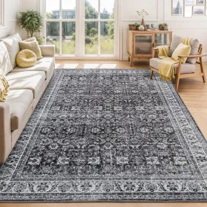 8x10 Area Rugs for Living Room, Machine Washable Large Area Rug Non-Slip, Soft Vintage Floral Traditional Farmhouse Carpet for Dining Room Bedroom Office Home, Charcoal Grey