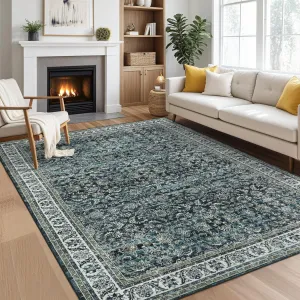 Green 5x7 Area Rug for Bedroom, Soft Vintage Floral Large Washable Rugs for Living Room, Farmhouse Non-Slip Carpet Rugs for Nursery Office Dining Room