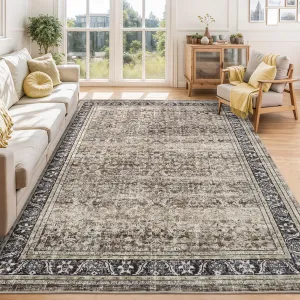 10x13 Area Rugs for Living Room Washable, Soft Vintage Floral Large Bedroom Rugs Classic Retro Indoor Floor Carpet, Low Pile Non-Slip Farmhouse Rugs for Dining Room Home, Brown/Taupe