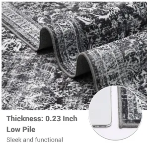 Washable Runner Rug Grey-Black 2x6 Vintage Floral Hallway Rug Long Entryway Rug Soft Low Pile Non-Slip Kitchen Runner Carpet