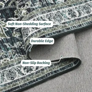 8x10 Green Area Rug, Vintage Floral Large Washable Rug for Living Room Soft Non-Slip Bedroom Rug Traditional Farmhouse Carpet for Dining Room Office Home