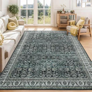 9x12 Area Rug for Living Room Washable, Soft Vintage Floral Large Bedroom Rugs Classic Retro Indoor Floor Carpet, Low Pile Non-Slip Farmhouse Rugs for Dining Room, Green