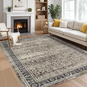 Washable Area Rugs 5x7 for Living Room, Soft Vintage Floral Large Bedroom Rug Foldable Indoor Floor Carpet, Farmhouse Low Pile Non-Slip Throw Rugs for Bedroom Dining Room, Brown/Taupe
