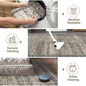 8x10 Washable Living Room Rug Soft Vintage Floral Large Area Carpet Brown Taupe Non-Slip Low Pile