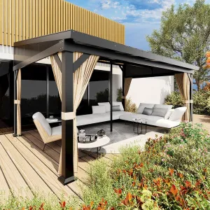 12'x16' Wall-Mounted Hardtop Gazebo Aluminum Frame Galvanized Steel Roof Gutters Mosquito Netting Privacy Curtains for Backyard Deck Carport