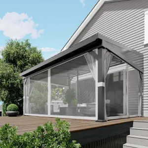 12'x16' Wall-Mounted Hardtop Gazebo Aluminum Frame Galvanized Steel Roof Gutters Mosquito Netting Privacy Curtains for Backyard Deck Carport