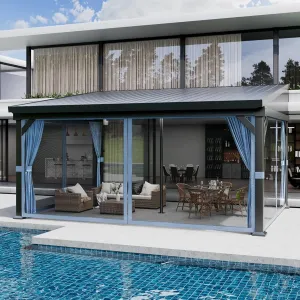 12'x16' Wall-Mounted Hardtop Gazebo Aluminum Frame Galvanized Steel Roof Gutters Mosquito Netting Privacy Curtains Backyard Deck Carport