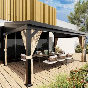 10'x14' Wall-Mounted Lean-To Gazebo with Galvanized Steel Roof, Gutters, Sliding Netting & Curtains, Rust-Resistant Frame, UV Protection, Patio & Garden