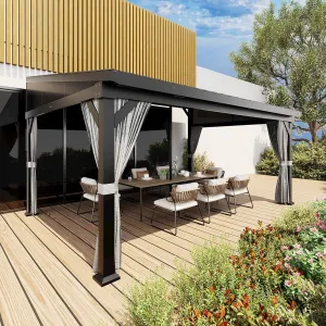 10'x14' Wall-Mounted Lean-To Gazebo with Galvanized Steel Roof, Gutters, Sliding Netting & Curtains, Rust-Resistant Frame, UV Protection, Patio & Garden