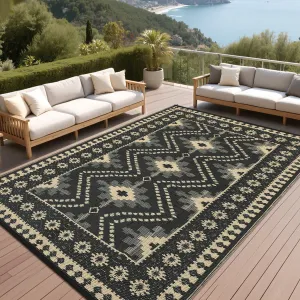Waterproof Reversible Outdoor Plastic Straw Rug – UV Resistant, Easy Clean – Vintage Diamond Design Garden Patio Carpet – Portable Camping Mat for Picnic, Deck, RV, Balcony – Black Coffee, 8x10ft