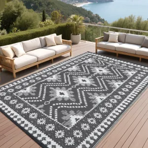 Reversible Outdoor Plastic Woven Rug – Waterproof UV Resistant Patio Carpet – Easy Clean, collapsible, Vintage Diamond Design – Area Mat for Garden, Deck, RV, Camping, Picnic – Gray, 8x10ft