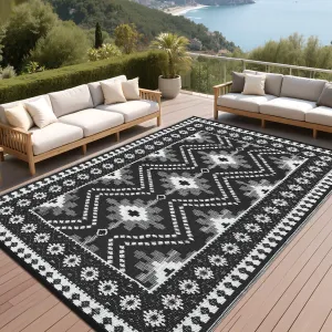 Reversible Outdoor Plastic Woven Rug – Waterproof & UV Resistant – Easy Clean Patio and Camping Carpet – Vintage Black and White Geometric Area Mat for Garden, Deck, RV, Beach – collapsible & Portable – Black and White, 9x12ft