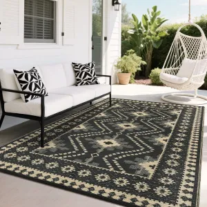 Waterproof Reversible Outdoor Rug – Plastic Woven Patio Carpet – UV Resistant, Easy to Clean, Vintage Diamond Design – Large Area Mat for Patio, Garden, Deck, RV, Camping – Black Coffee, 9x18ft