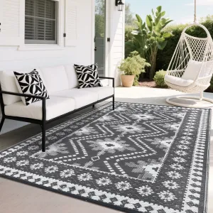 Grey Outdoor Plastic Woven Area Rug – Waterproof Reversible Patio Carpet – Easy Clean, UV Resistant, Vintage Geometric Design – collapsible Mat for Backyard, Deck, Garden, RV, Camping – Gray, 9x12ft