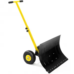 Heavy Duty Snow Shovel With Wheels 29.1"x19.3" Adjustable Angle & Height Steel Blade Rubber Handle For Driveway Pavement