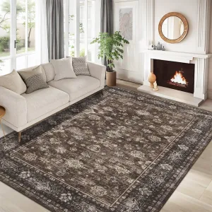 Vintage Washable Area Rug Distressed Non Slip Floral Soft Throw Rugs for Bedroom Living Room Dining Entryway Kitchen Nursery