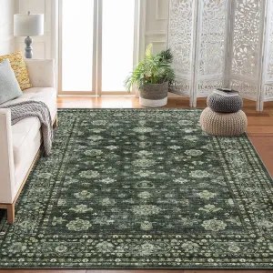 Vintage Washable Area Rug Non Slip Soft Floral Throw Rug for Bedroom Living Room Green 6x9 ft