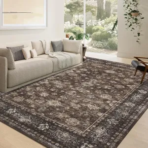 Vintage Washable Area Rug Non-Slip Non-Shedding Floral Soft Throw Rug for Bedroom Living Room Kitchen Nursery, Various Sizes, Distressed Colors
