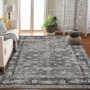 Vintage Washable Area Rug Non Slip Non Shedding Floral Soft Throw Rug for Bedroom Living Room Gray 6 ft x 9 ft