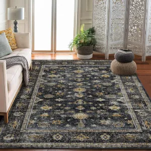 Vintage Washable Area Rug Non Slip Non Shedding Floral Soft Throw Rug for Bedroom Living Room Black 6 ft x 9 ft