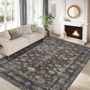 Vintage Washable Area Rug Non Slip Non Shedding Floral Soft Throw Rug for Bedroom Living Room Dining Entryway Bathroom Kitchen Foyer Playroom Nursery